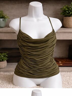 Express Olive Ruched Cowl Neck Spaghetti Strap Tank Top sz M